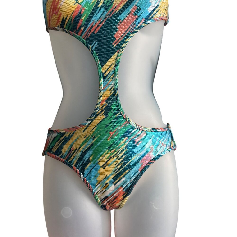 Colorful One Piece Cutout Swimsuit Geometric Print Monokini - Picture 3 of 4